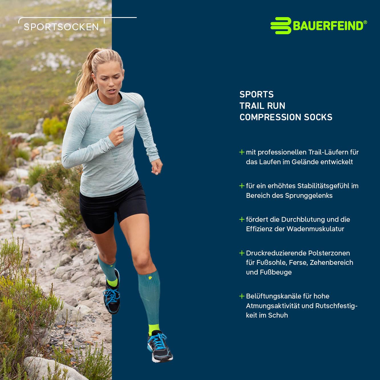 BAUERFEIND Trailrunning-Socken „Trail Run Compression Socks“, Herren Sportsocken mit Kompression, Stabilität im Sprunggelenk, 1 Paar
