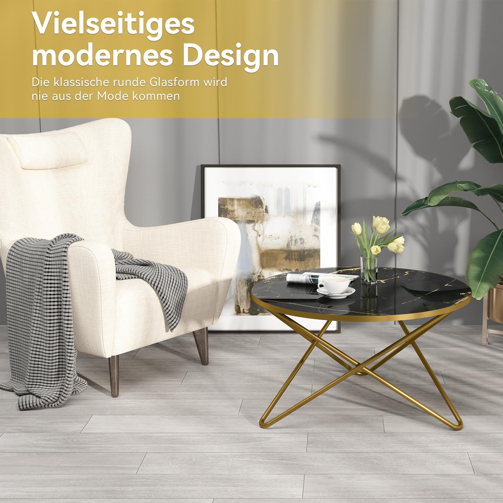 HOLTICO Couchtisch Beistelltisch Rund, Wohnzimmertisch Sofatisch für Wohnzimmer Garten Balkon Schlafzimmer,Tisch Rund Modern,Pflanzentisch Outdoor mit Marmormuster (Schwarz 2, 80 * 80)