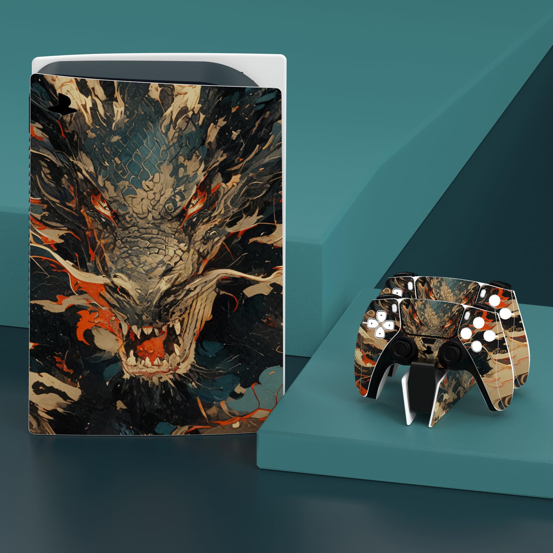 PlayVital Calcomanía Vinilo para ps5 Edición Disc - Pegatina Completa para Consola, Control, Estación de Recarga, Control Remoto y Audífonos, Skins Cubierta Protectora Adhesiva(Furia del Dragón)
