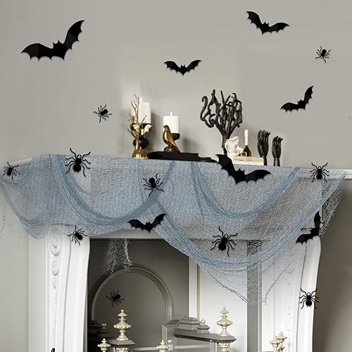 Decoración de Halloween, telaraña, chimenea, gótico, vintage, mantel, bufanda, telaraña, decoración de Halloween, con murciélagos espeluznantes,