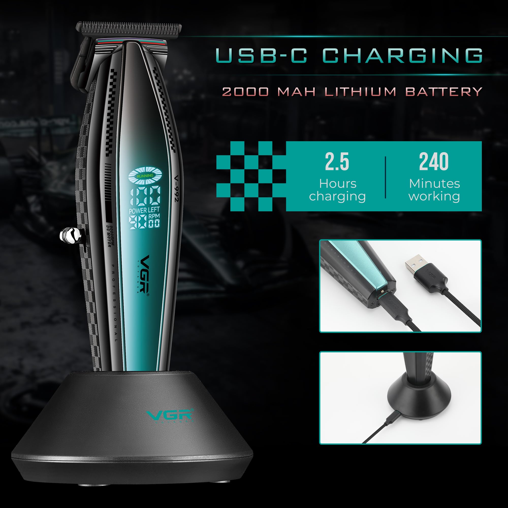 VGR Professioneller Bartschneider für Männer, 9000 U/min Elektrischer Gleichstrommotor, Präzisions-DLC-T-Klinge, kabelloser USB-C-wiederaufladbarer 240-min-Akku mit Dock, Barber Hair Detailer für