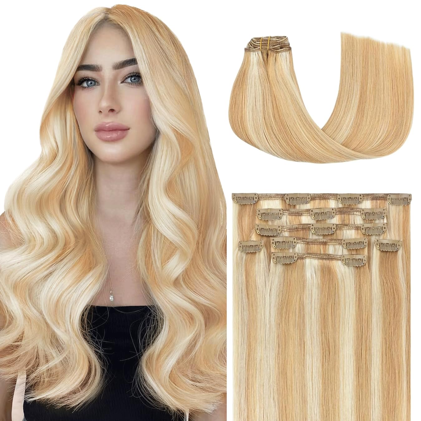 Honsoo Honey Blonde To Bleach Blonde Clip In Hair Extensions Real Human Hair 15in 70g 7pcs Balayage Pretty Human Hair For Women