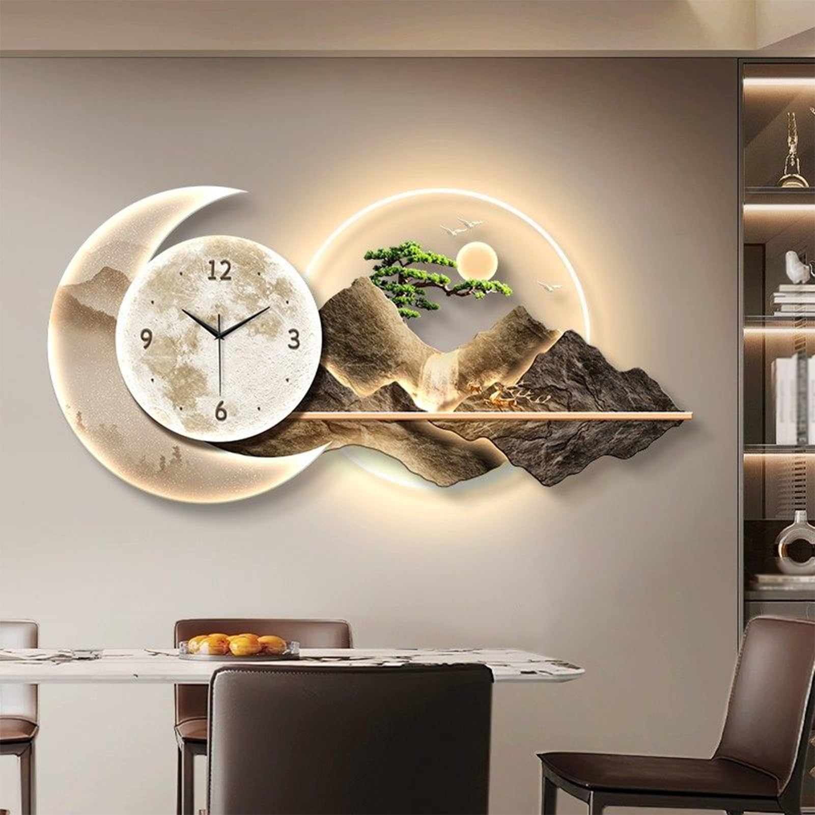 Zegar ścienny 3D ze światłem LED, duża rzeźba wisząca, dekoracja ścienna 3D z zegarem i światłem LED, do salonu, sypialni, wejścia, biura (brąz, 80 x 40 cm/31,5 x 15,7 cala)