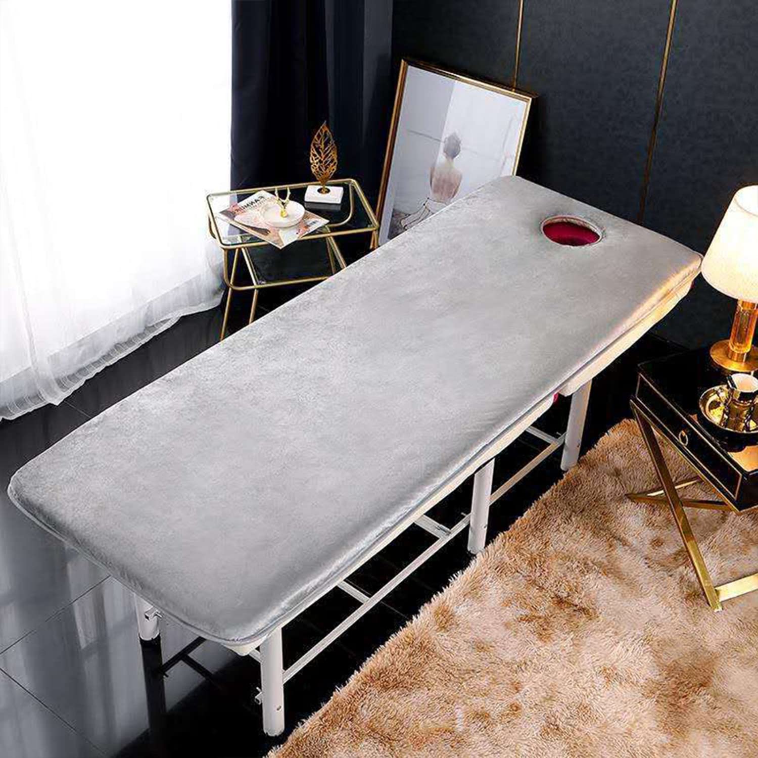 Coprimaterasso per Lettino da Massaggio Coprimaterasso Letto Ciglia con Elastici Materasso per Lettino Massaggio Trapuntato Spa con Foro Cuscino da Salone Antiscivolo,Gray 6cm,S 70x190cm