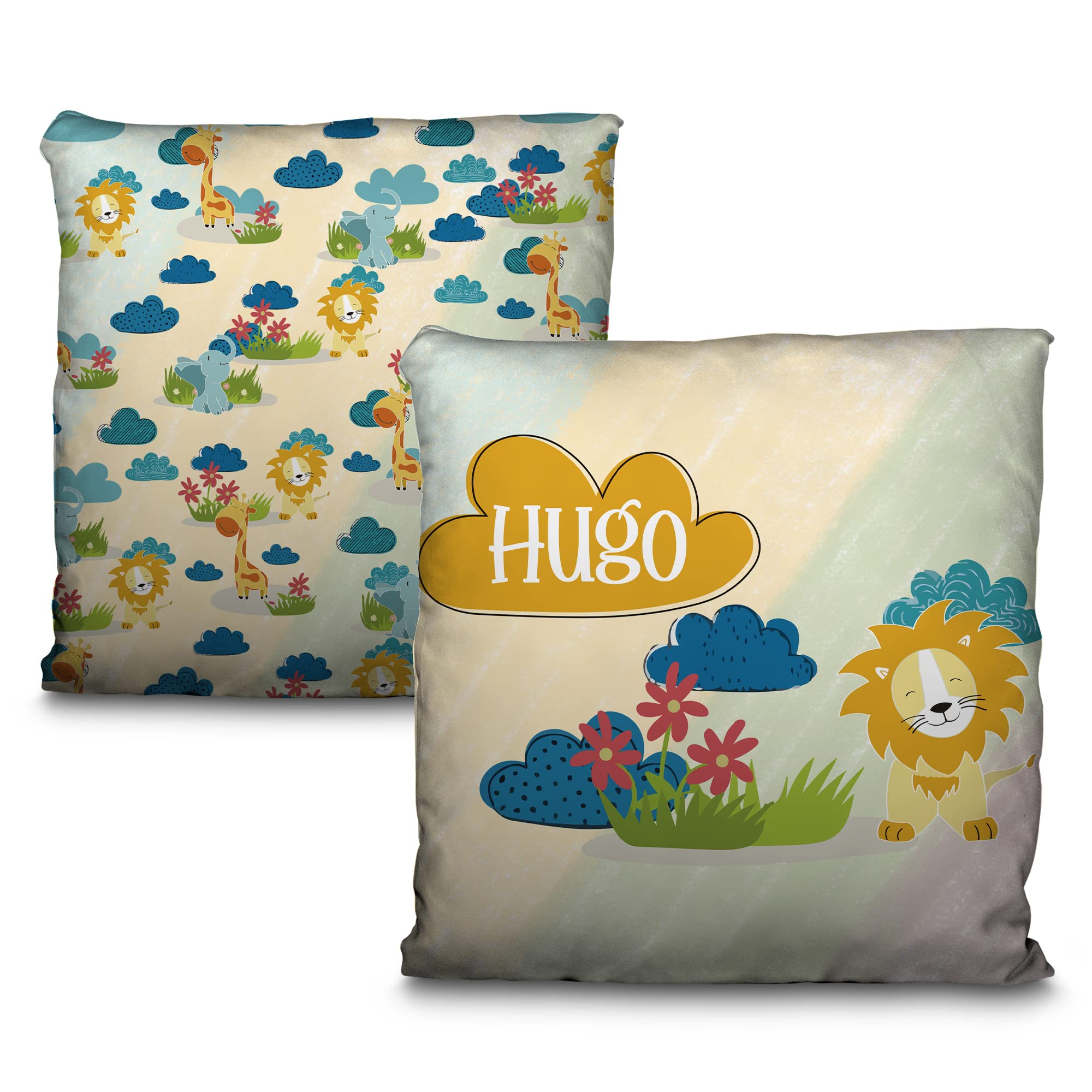 LolaPix Cojín Bebe. Cojin Personalizado. Cojines Infantiles. Personalizado con Nombre. Ambas Caras. Varios tamaños y diseños. León Infantil