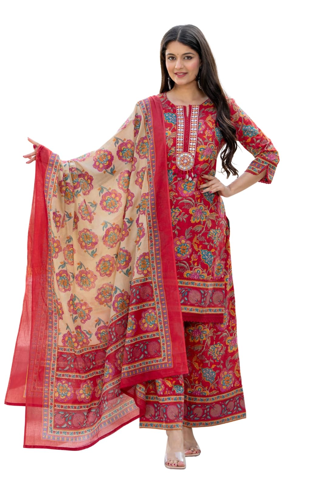 pistaa's Women’s Floral Printed Regular Thread Work Pure Cotton Kurta with Palazzos & With Dupatta-picture-4