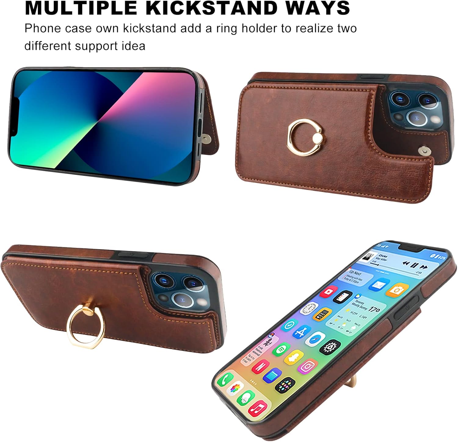 ONETOP for iPhone 13 Pro Max Wallet Case with Card Holder, 360° Rotation Ring Kickstand RFID Blocking PU Leather Double Magnetic Clasp Shockproof Cover for Women and Girls 6.7 Inch (Brown) - Image 5