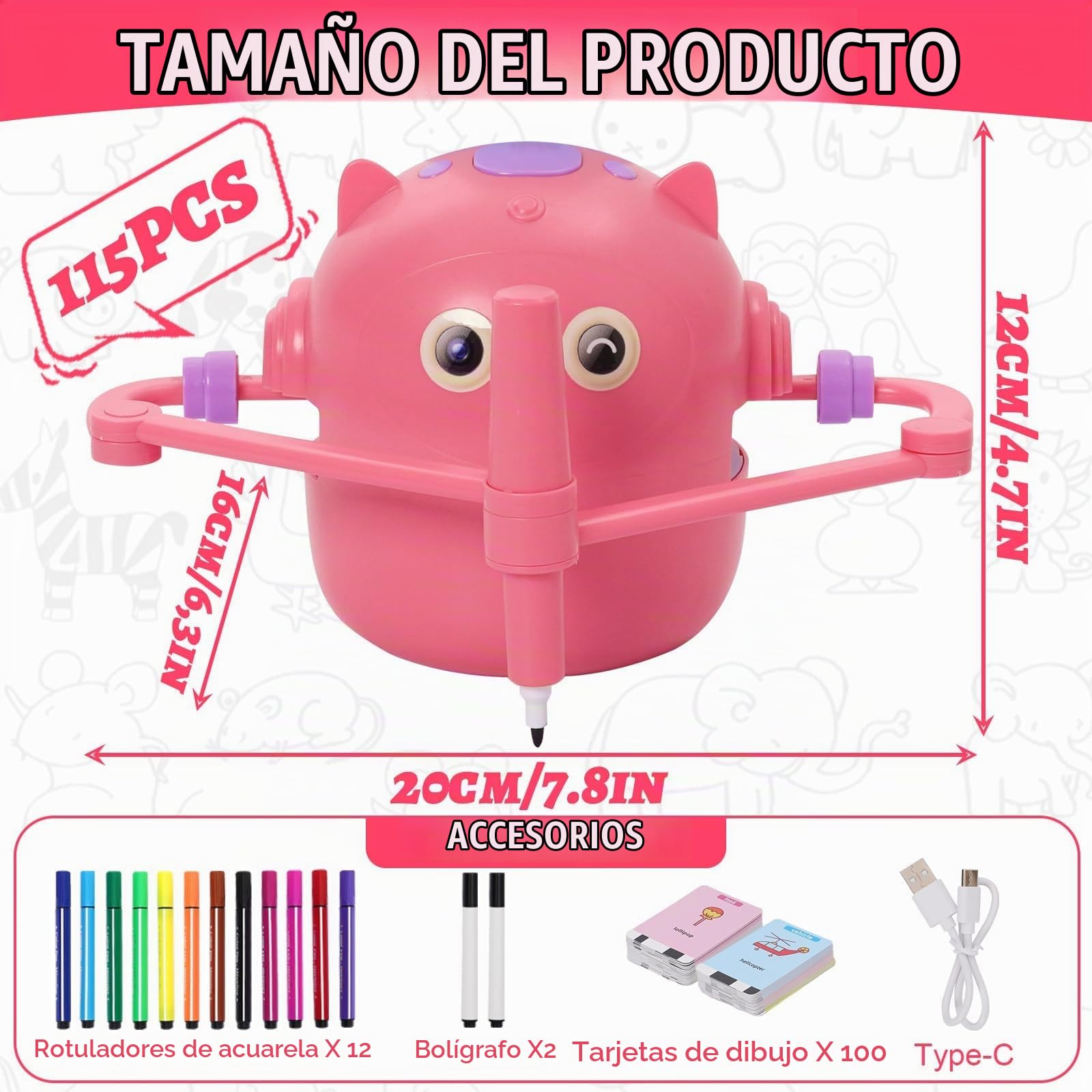 Robot de Dibujo para Niños, Drawing Robot Educativo Interactivo con Interacción de Voz, 100 Tarjetas y 14 Lápices, Robots Inteligente Juguete, Regalo de Cumpleaños para Niños Niñas 3+ Años(Rosa)