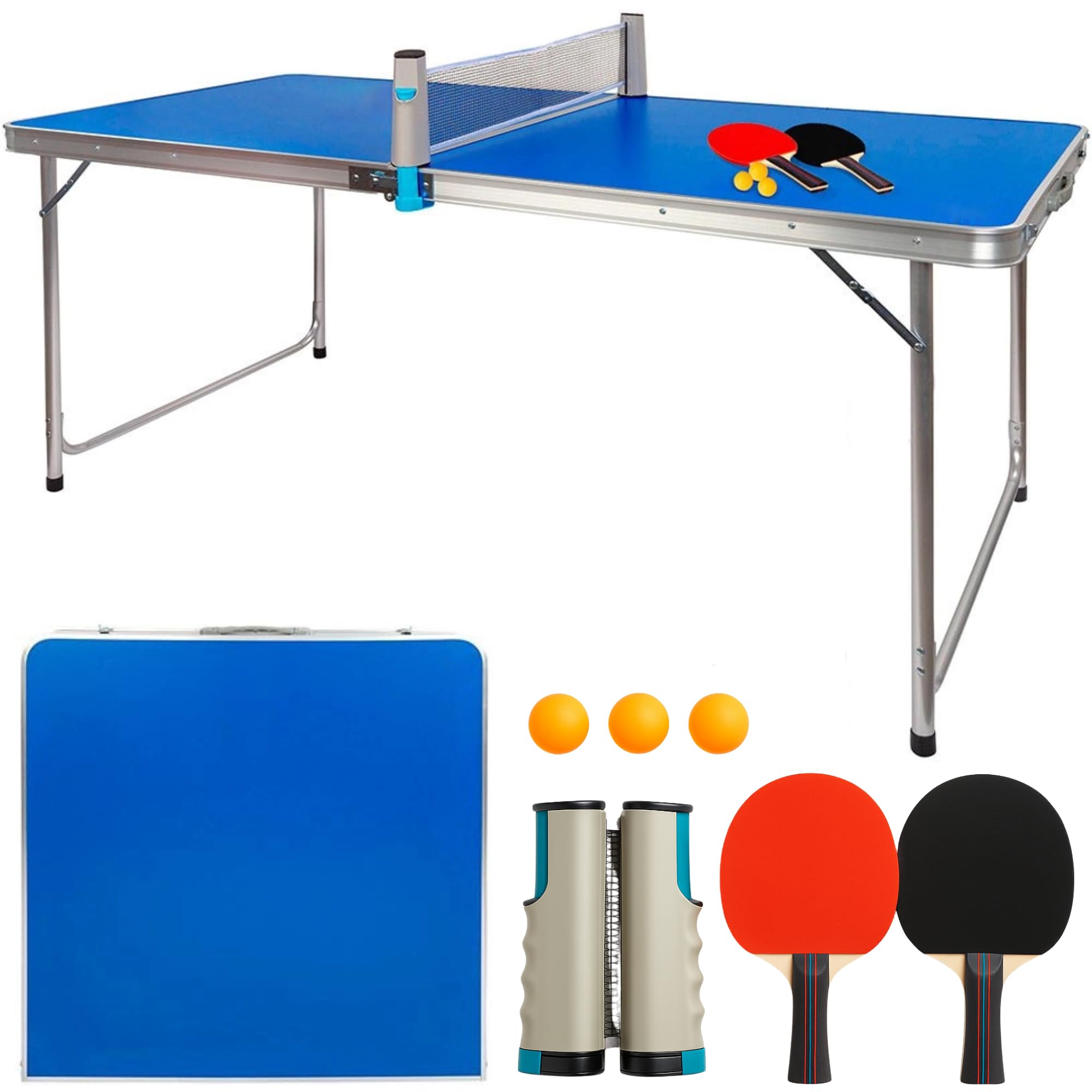 DEVESSPORT Pack Mini Mesa de Ping Pong Plegable | Mesa de Camping y Ping Pong para Interior y Exterior | 120x60x70 cm | Incluye 2 Raquetas, 3 Pelotas y Red Desmontable