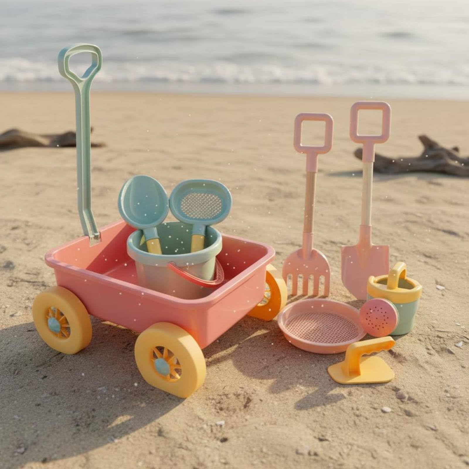 Kinder Sandwagen Handziehwagen Spielset Tragbarer Sandwagen Funktion für Sommerferien Gartenspielplatz, Koreanischer Originalstil, Olivgrün