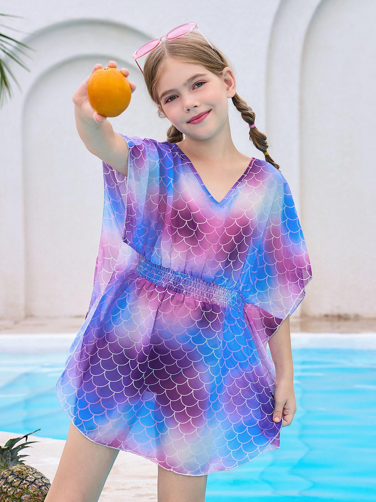 Haloumoning Costume da bagno per bambine in chiffon, con elastico in vita, stampato, 5-14 anni