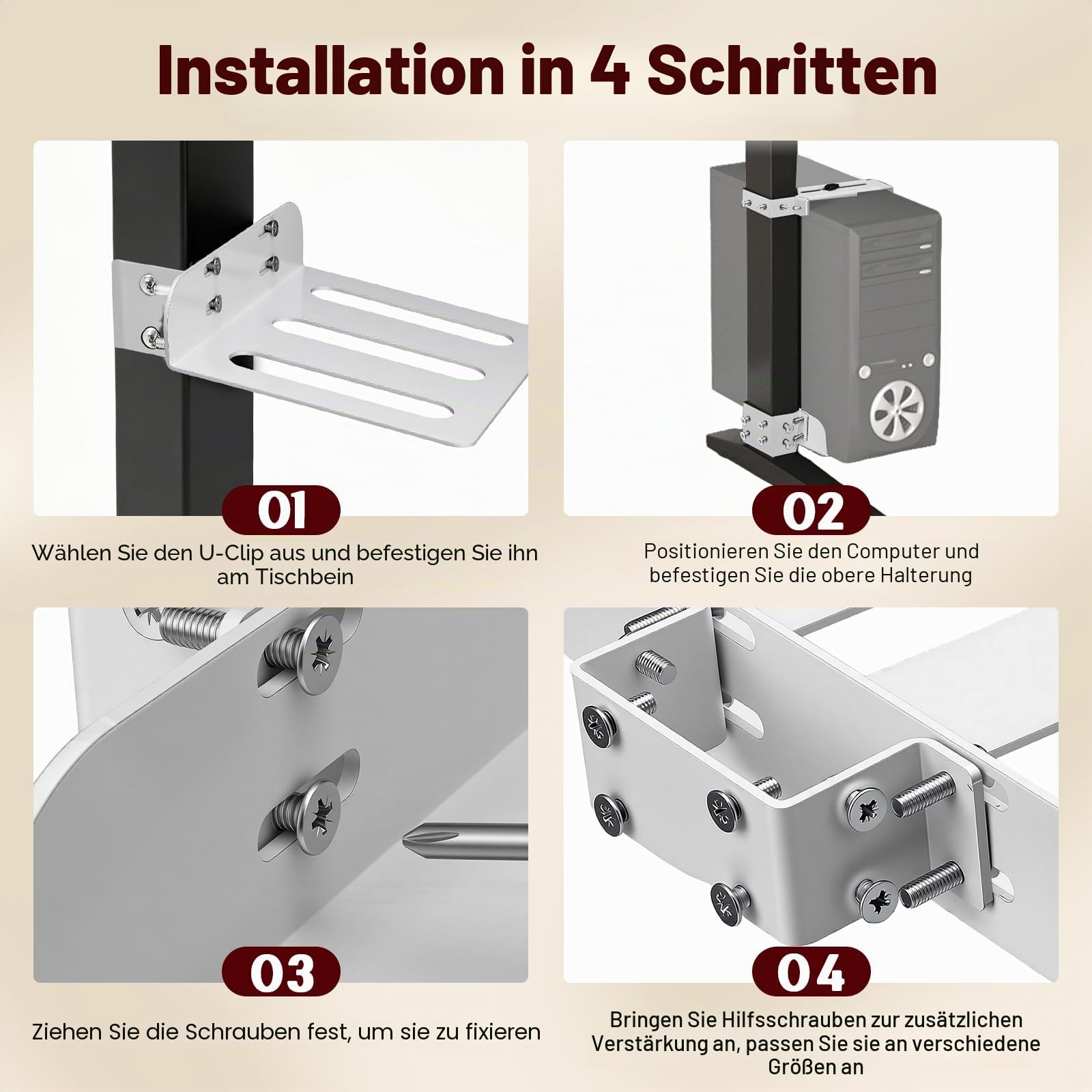 PC Halterung unter Schreibtisch, Verstellbare PC Tischhalterung Ohne Bohren, 20 kg Tragkraft, PC-Tower-Halterung Für Höhenverstellbare Schreibtische, Fits Desk Leg: 65-80mm(D) x 40-50mm(W), Weiß