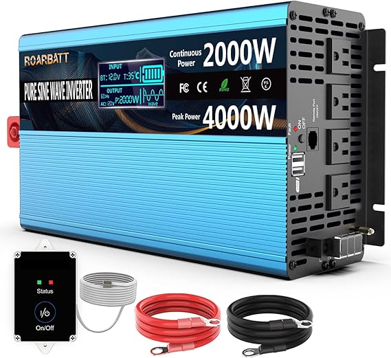 ROARBATT Pure Sine Wave Power Inverters 2000Watt 12V DC to