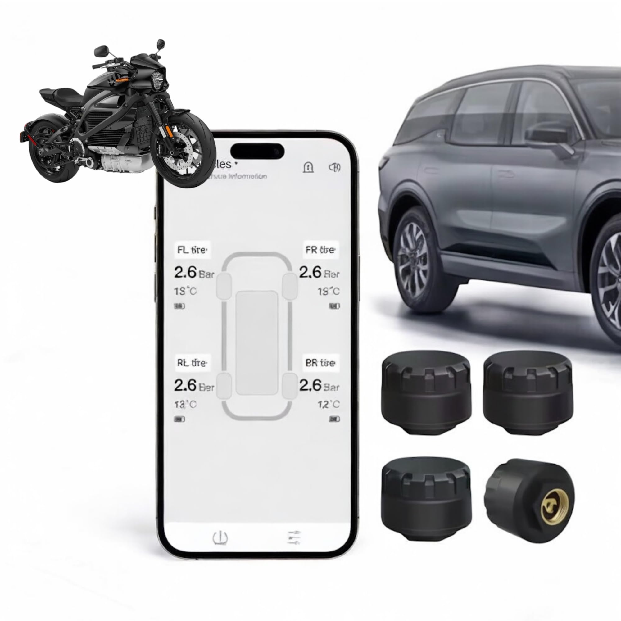 Universal Bluetooth 5.0 TPMS for Motorcycle & Car - Wireless Tyre Pressure Monitoring System with 2 External Sensors | Real-Time App Alerts for iOS & Android | IP67 Waterproof, Anti-Theft, DIY Install