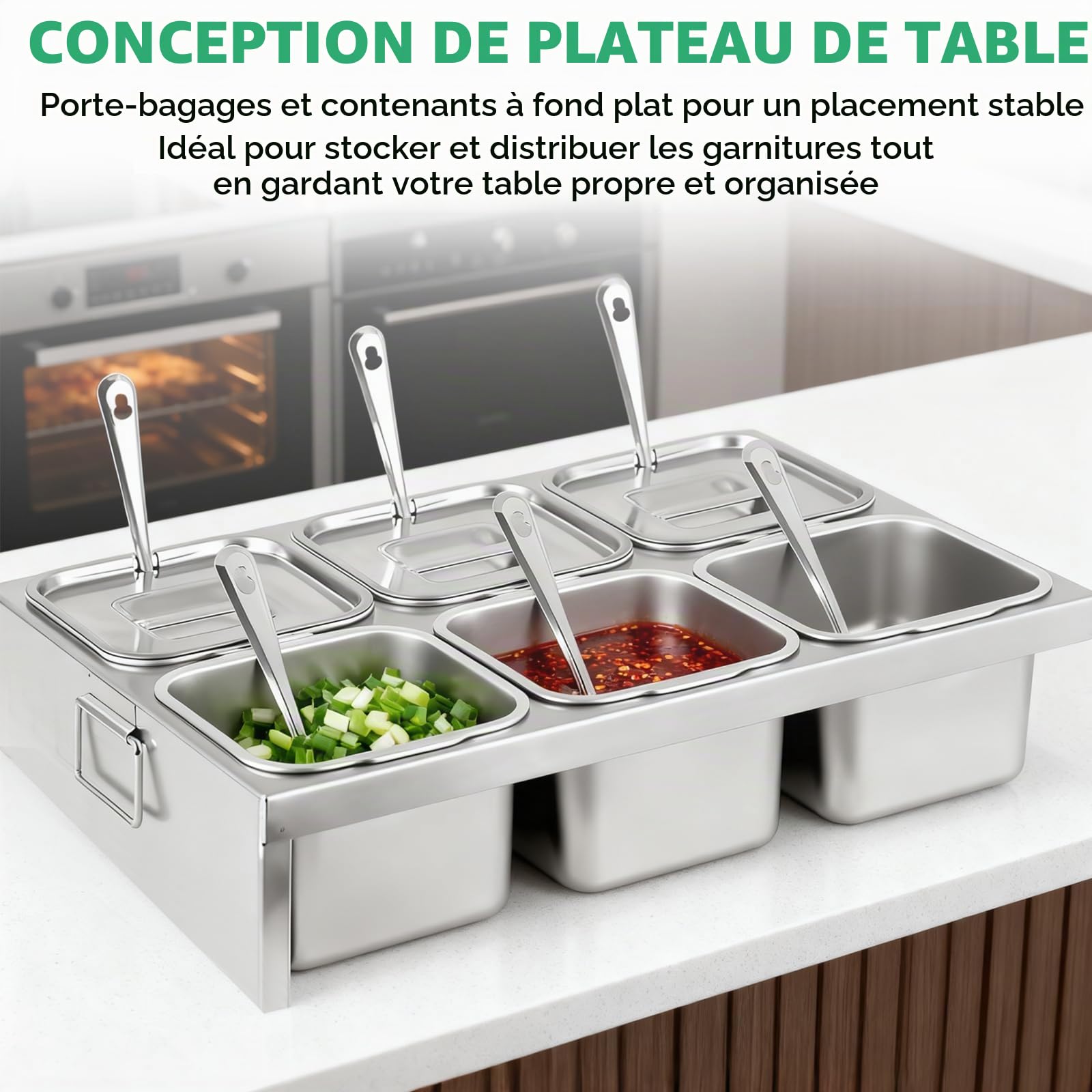 Conteneur à Ingrédients, 6×2L Bacs en Acier Inoxydable avec Couvercles & Cuillères, Station de Garnitures 6 Compartiments pour Ingrédients et Toppings, Accessoire Pizza pour Cuisine & Restauration