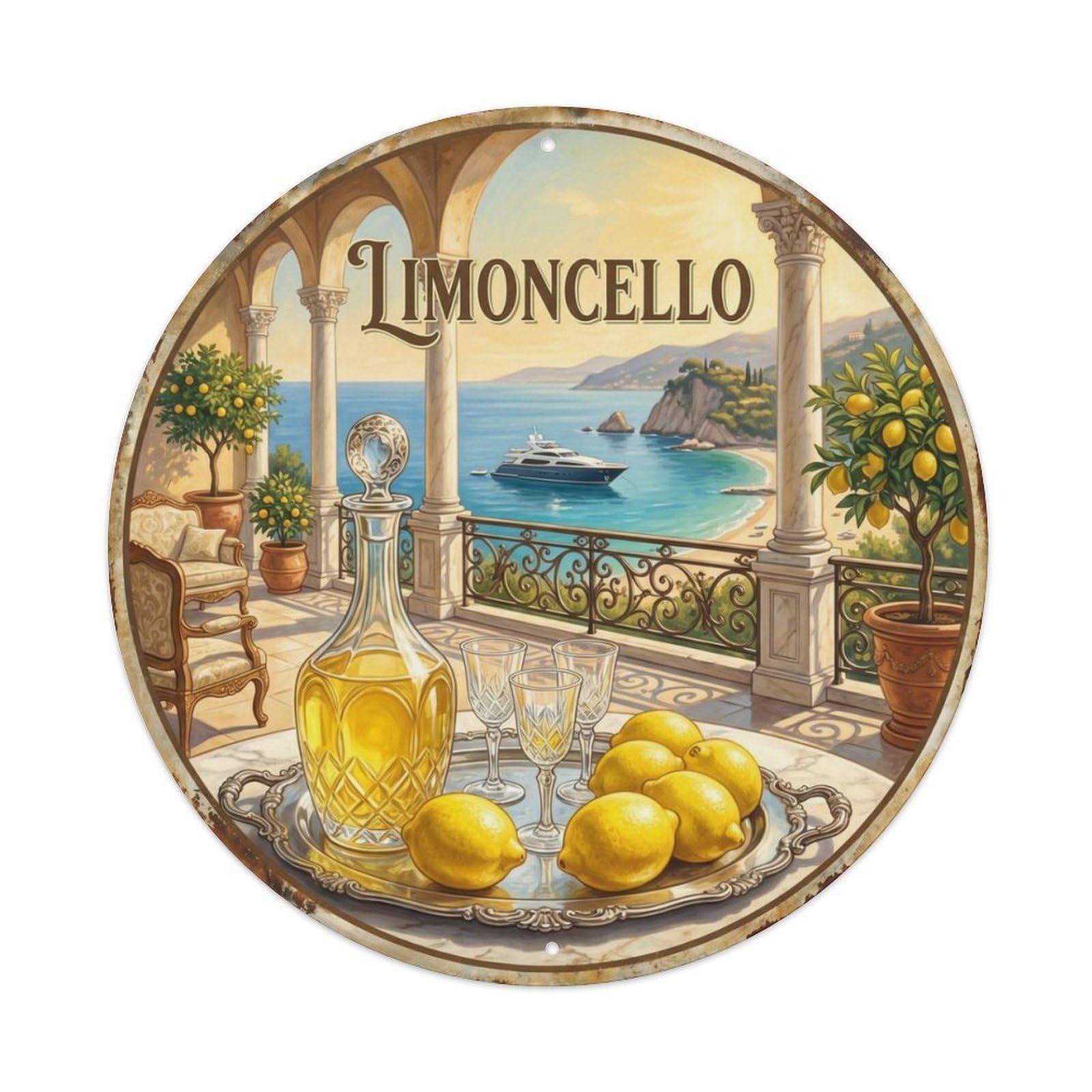 Fqcyn Style Premium Limoncello Coastal Metal Tin Sign Plaque Wall Decor For Cafe, Club Bar, Office, Home Garden Round Metal Poster 8X8inch
