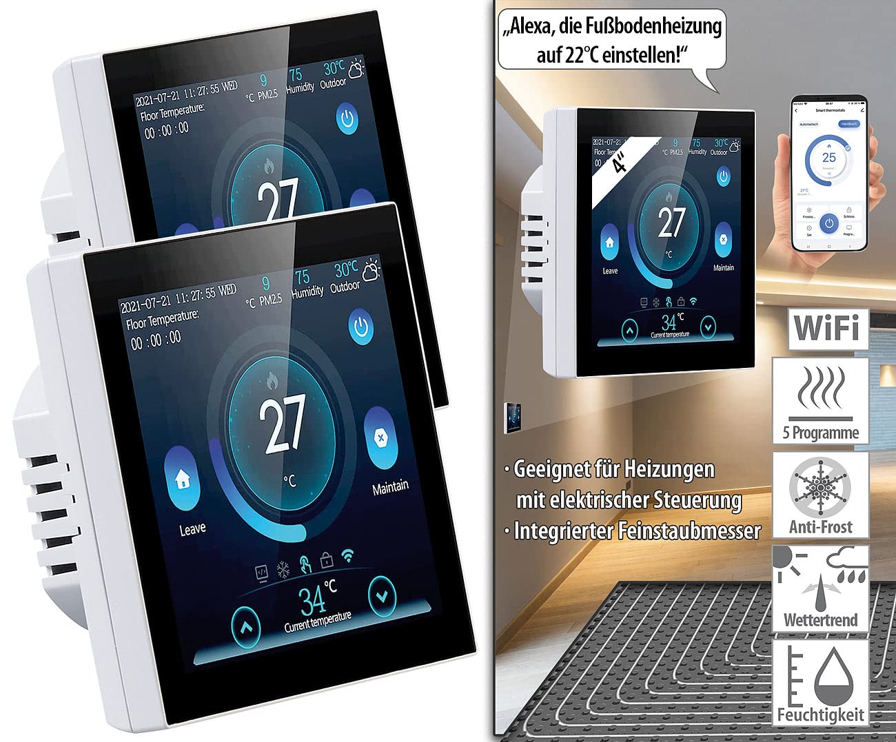revolt Thermostat Fußboden: 2er-Set WLAN-Thermostate für Fußbodenheizungen, Touchdisplay (Infrarotheizung WLAN, Wandthermostat Heizung, Handy)
