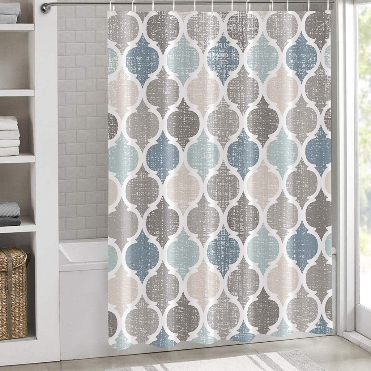 Shower Curtain Waterproof Polyester Fabric Shower Curtain Set with Hooks, Retro Blue Moroccan Geometric Pattern Privacy Shower Curtains for Bathroom Showers, Stalls and Bathtubs, 72x84 Inches