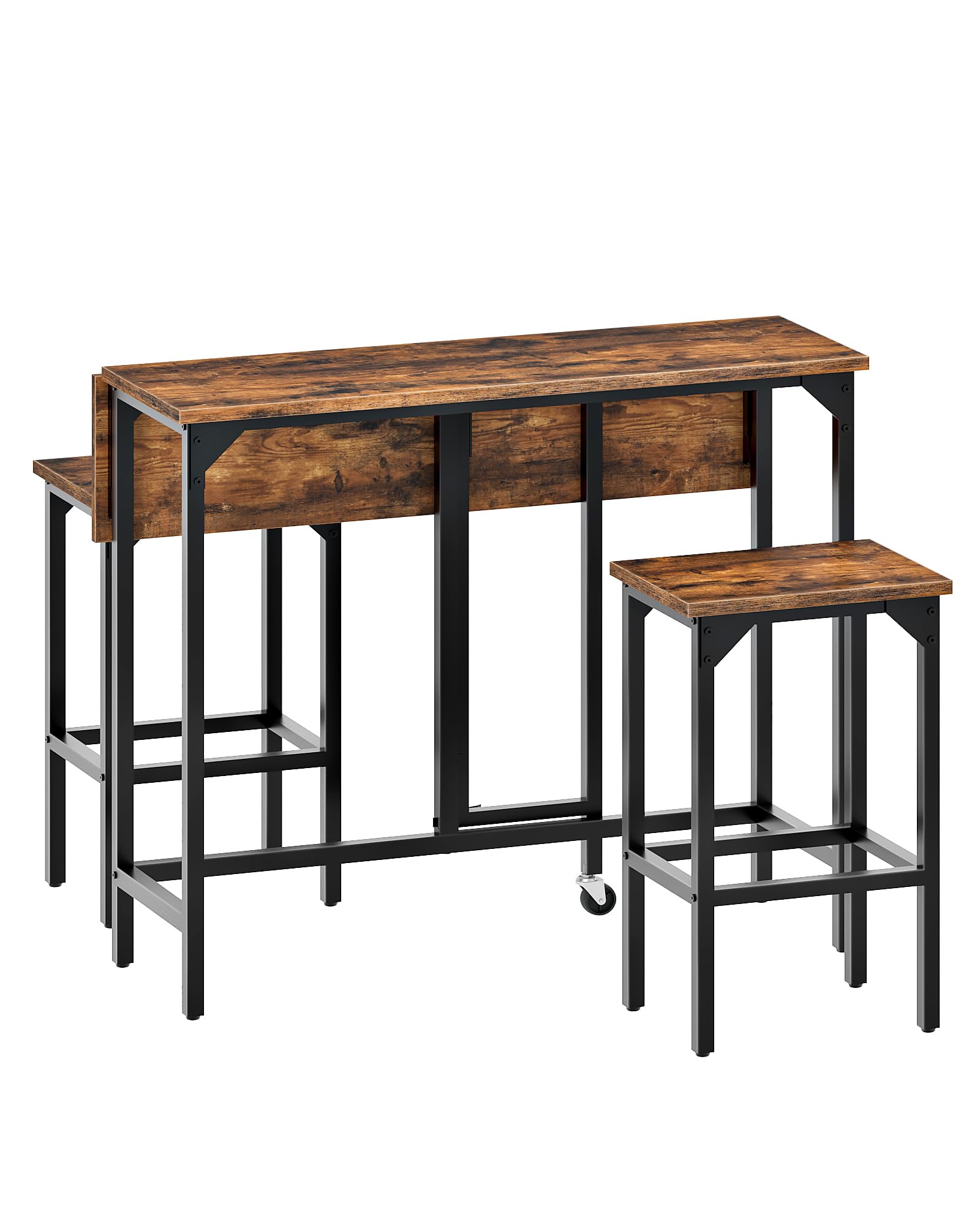 CHOEZON Breakfast Bar Table with 2 Bar Stools, 100 cm Folding Dining Table with 2 Stools, Dining Table Set, Industrial Steel Frame, for Restaurant, Living Room, Pub, Rustic Brown and Black DTBT02BF