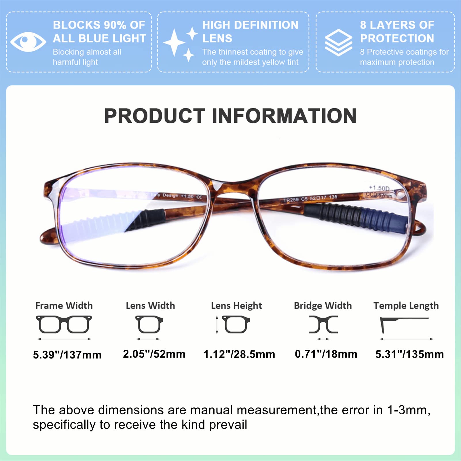DOOViC Reading Glasses Blue Light Blocking +1.25 Tortoiseshell/Rectangle TR90 Flexible Frame Lightweight Readers Glasses for Men/Women - Image 3