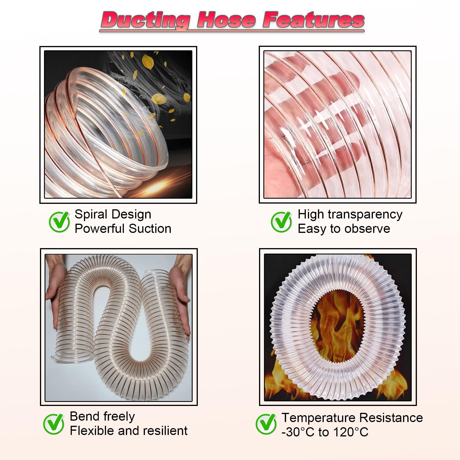 Manguera flexible transparente, reforzada en espiral para recogida de polvo y ventilación