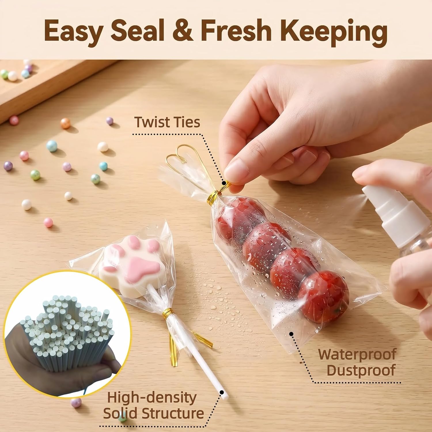 300Pcs Cake Pop Sticks & Wraps Kit – 3" Food-Grade Paper Sticks, Clear Candy Bags, Gold Twist Ties for Lollipops, Chocolates, Hard Candy – Sturdy & Leakproof