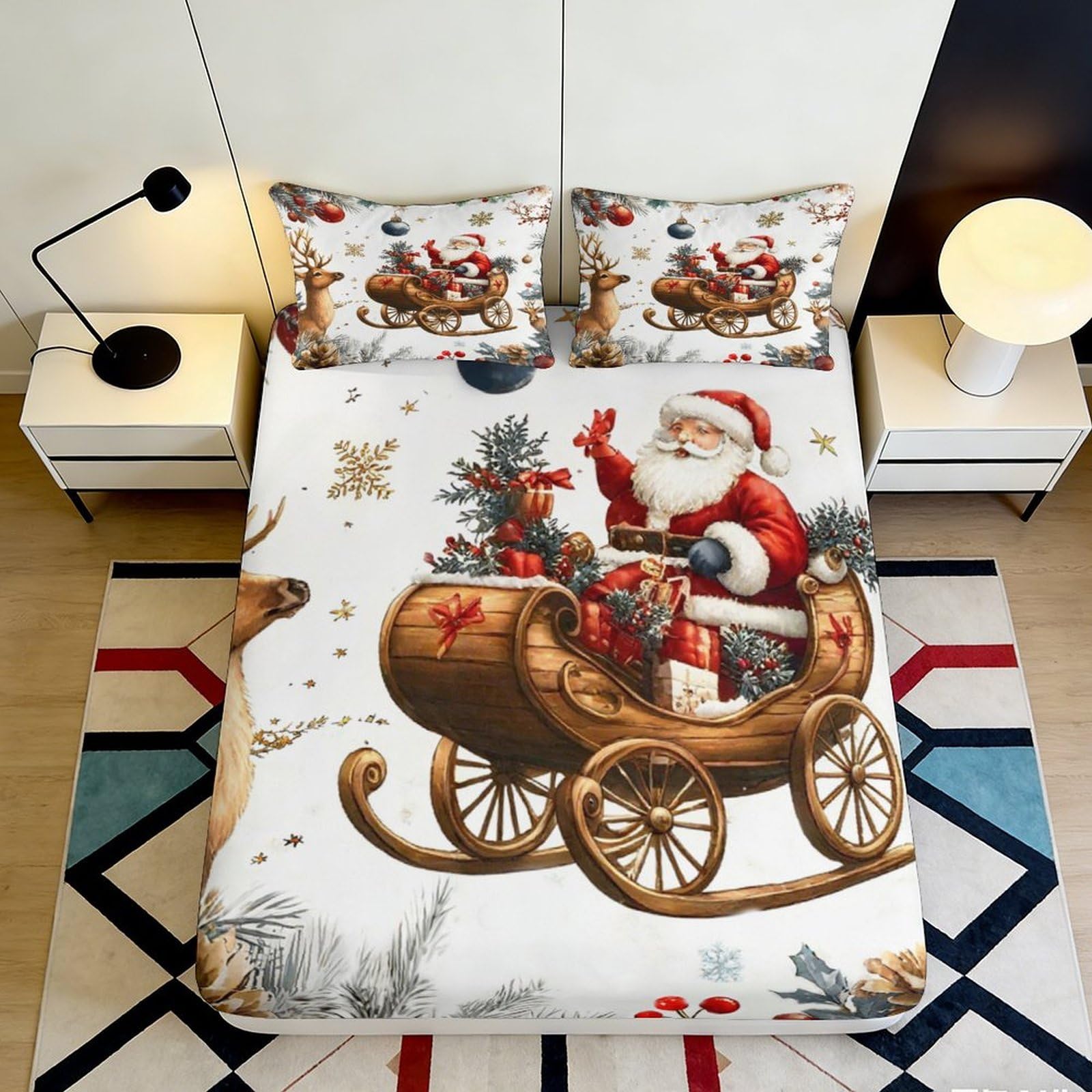 3D Printed Santa Claus Christmas Fitted Sheet Microfiber Soft Breathable Reindeer Bed Cover for Bedroom Dormitory Guest Room Mattress Protection Decor 140x200x25cm