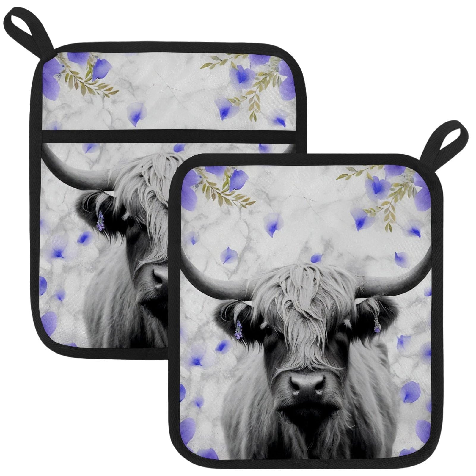 VAPOKF Highland Cattle Pot Holders with Pocket for Kitchen Heat Resistant Potholders Large Polyester-Cotton Square Oven Mitts Set
