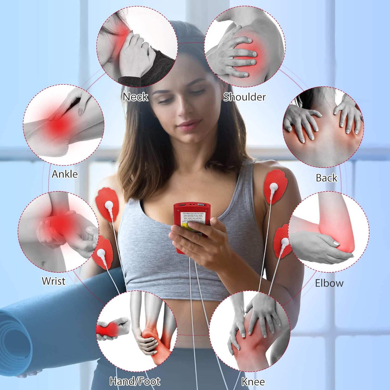 Diagram showing various body parts where the TENS EMS unit can be applied for pain relief, including neck, shoulder, back, elbow, knee, hand/foot, wrist, and ankle.