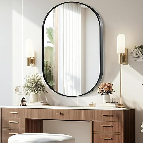 Miniatura 2 de Espejo ovalado negro, espejo de baño ovalado de 17 x 30 pulgadas, espejo de tocador con marco de metal cepillado, espejos de montaje en pared para