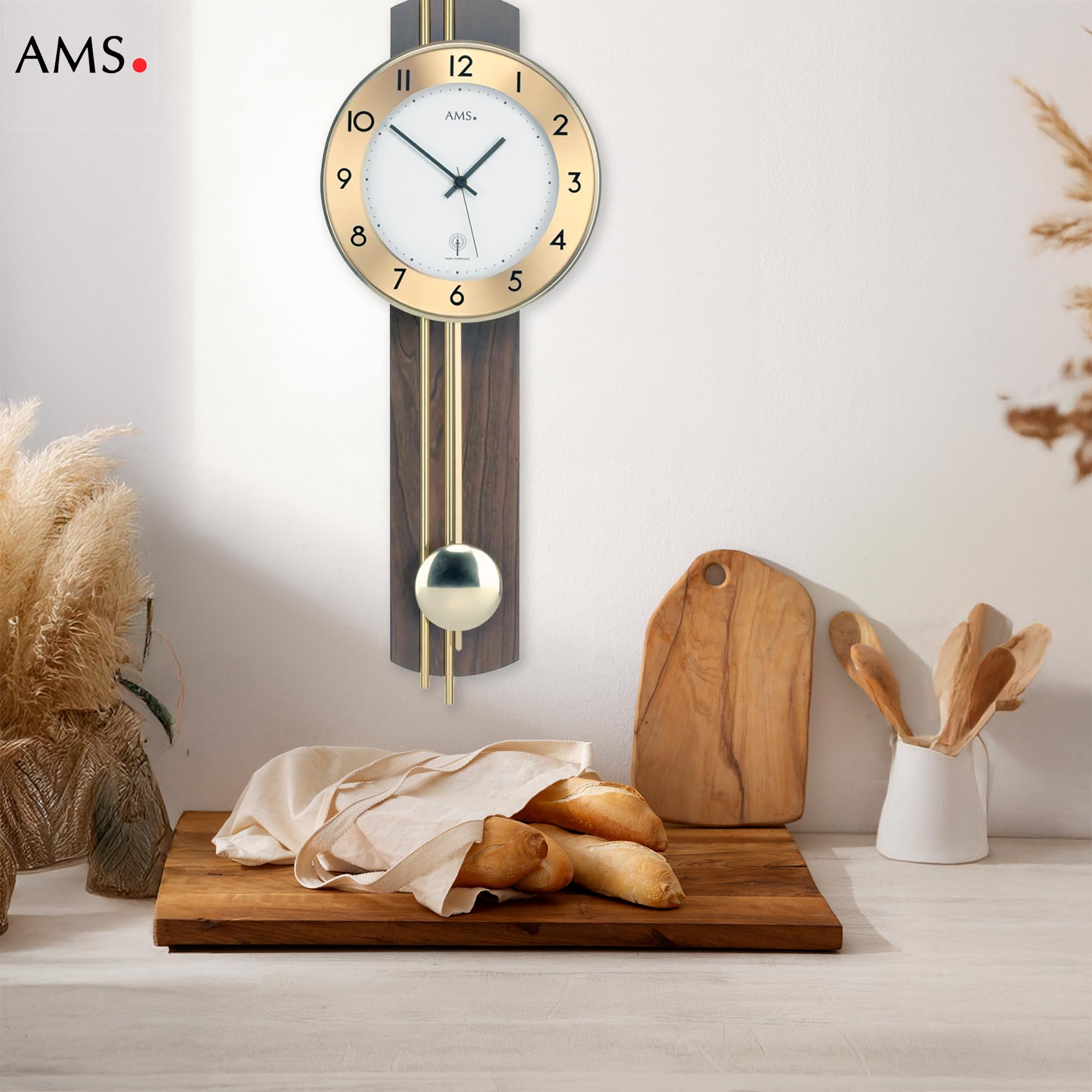 AMS 5266/1 Wanduhr - mit Funkpendelwerk, Elegante Funkpendeluhr, Uhr mit Pendel, Funkwanduhr mit arabischen Ziffern, Mineralglas, Pendeluhr für Wohnzimmer & Büro, Nussbaumoptik, Maße: 22 x 62 x 8 cm
