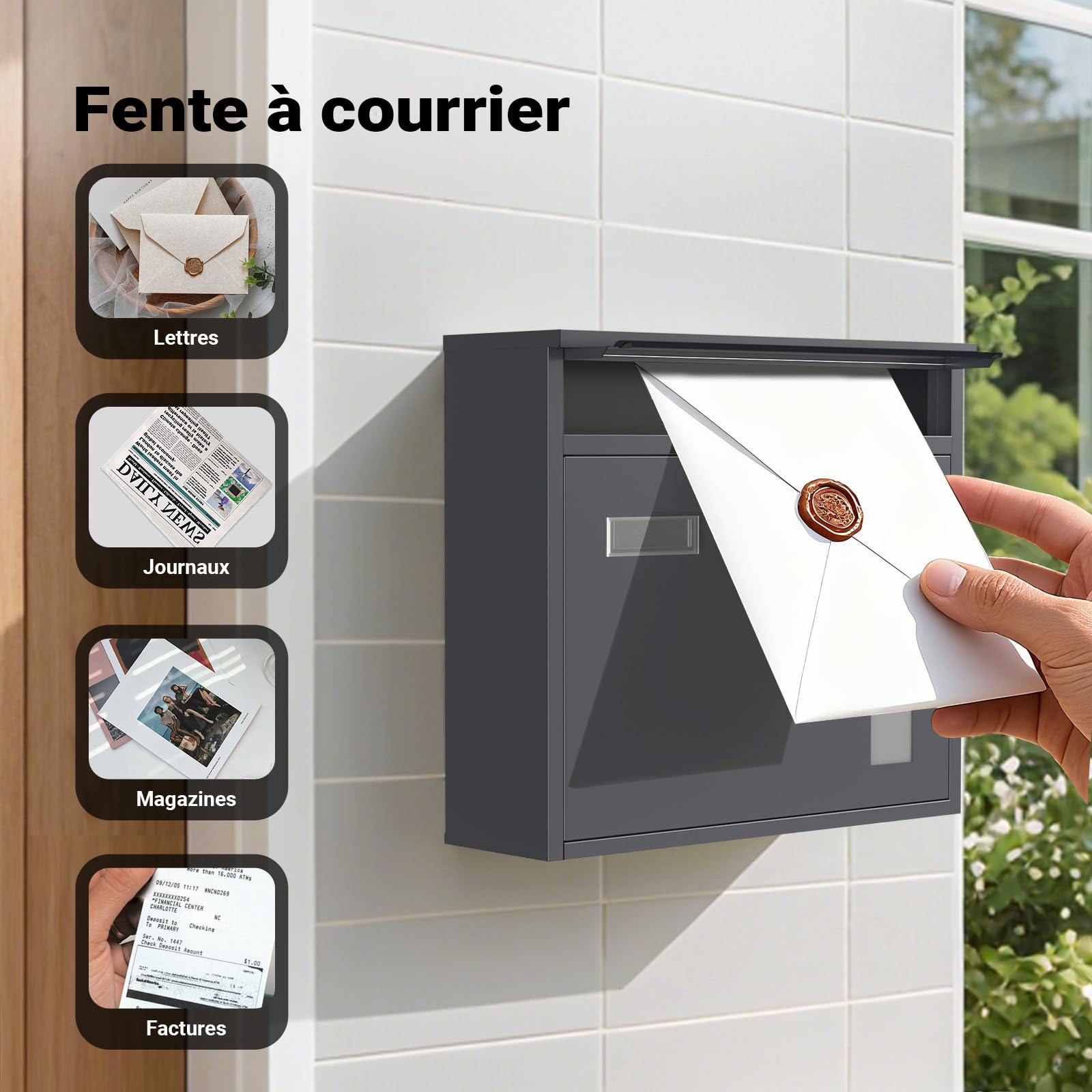 Wiltec Boîte aux Lettres Murale V12, Verrouillable, Couleur Anthracite, Acier galvanisé, 360 x 115 x 320 mm, avec Clapet, Fenêtres et Porte-nom