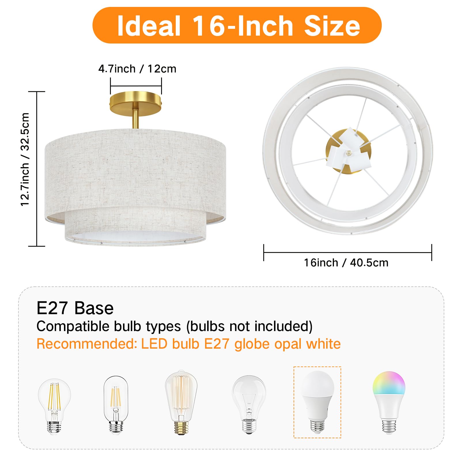 OUTON Plafón de Techo con Pantalla de Tela, 3 Luces, Dorado, Ø 40,6 cm | Doble pantalla de lino con difusor interior, 3 casquillos E27, compatible con bombillas regulables, para espacios interiores