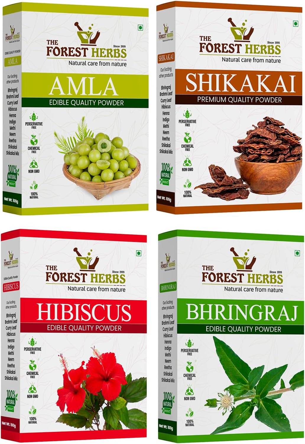 THE FOREST HERBS Natural care from nature Organic Amla, Shikakai, Bhringraj, Hibiscus Powder For All Hair Type, 100G Each, 4 Count