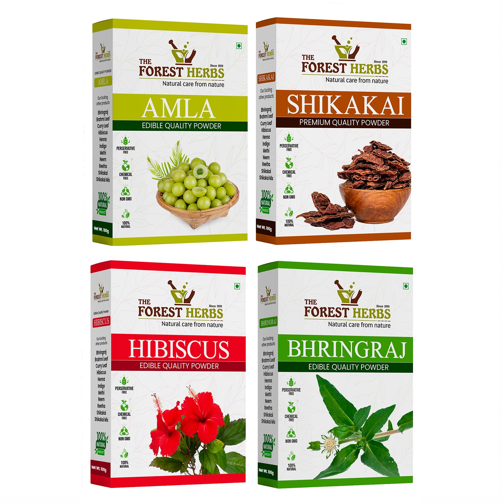 The Forest Herbs Natural Care From Nature Organic Amla, Shikakai, Bhringraj, Hibiscus Powder Each 100Gms