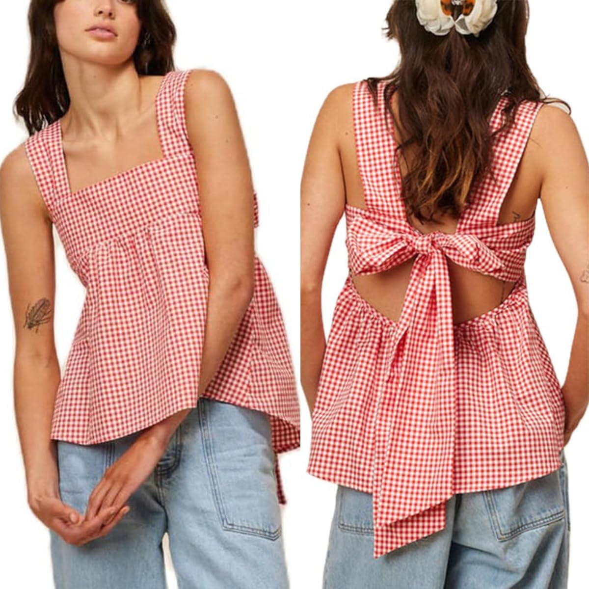 KOSUSANILL Y2k Gingham Tank Top Women Sleeveless Backless Square Neck Ruffle Peplum Babydoll Camisole Going Out Cami Blouse