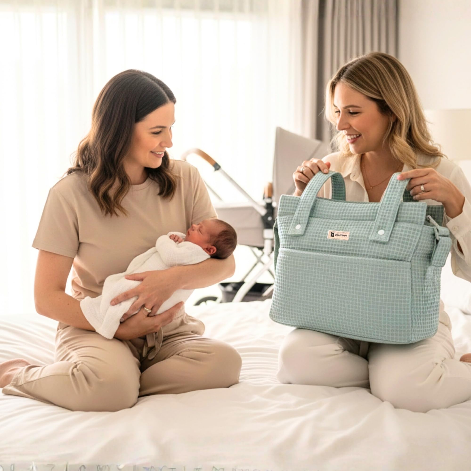 Bub&Beary Bolso Carrito Bebé 3 en 1 – Bolsa Paseo, Hospital y Organizador – Algodón Premium, Diseño Elegante y Sostenible – Regalo Baby Shower (Verde)