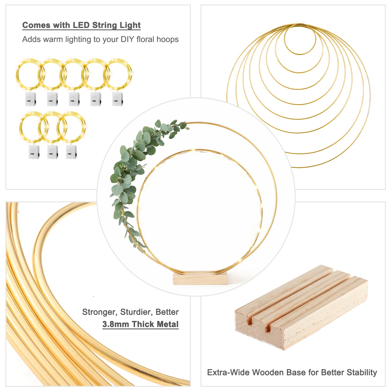Paquete de 8 aros florales con soporte, anillos de metal de 10 y 12 pulgadas para decoración de mesa de bricolaje, manualidades, anillos de macramé, aro, corona, atrapasueños, coronas de boda, coronas