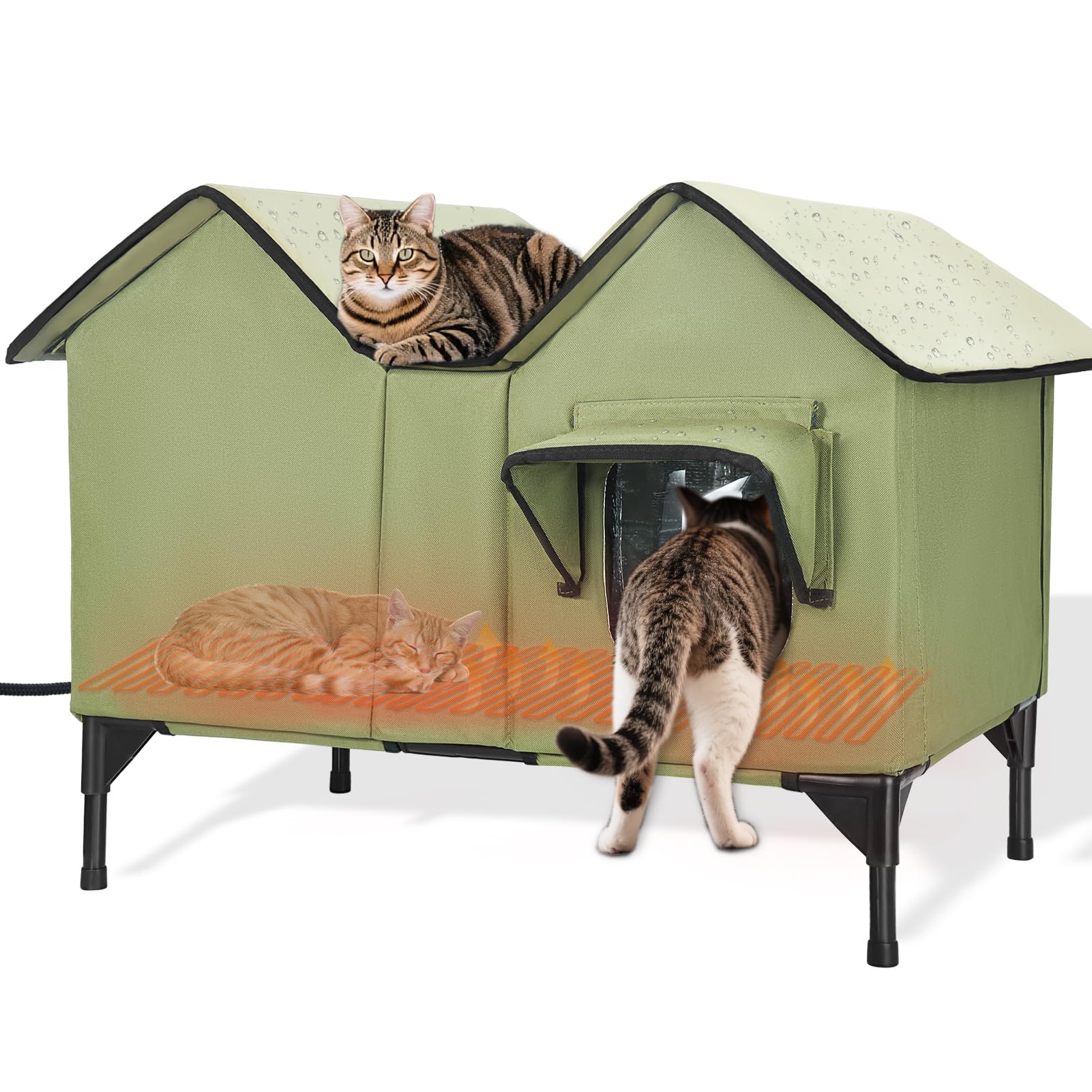 Extra Large Heated Outdoor Cat House Weatherproof, Insulated Outdoor Heated Cat House for Outside with Heater, Elevated Outdoor Feral Cat Shelter for Multiple Cats Small Dogs(Green, XL)