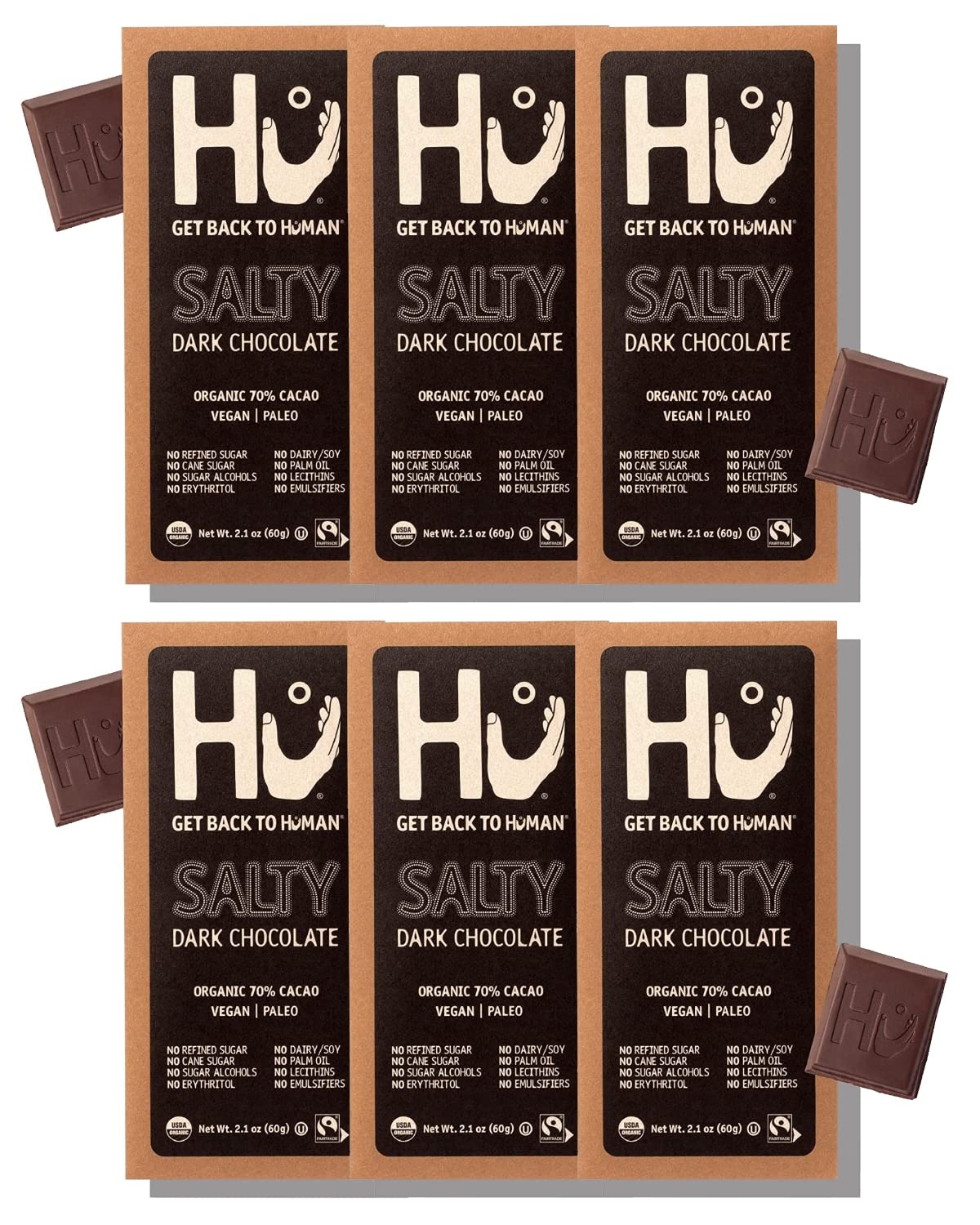 HuChocolate Bars | 6 Pack Salty Chocolate | Natural Organic Vegan, Gluten Free, Paleo, Non GMO, Fair Trade Dark Chocolate | 2.1oz EachUSDA OrganicFairtrade InternationalFairtrade InternationalFairtrade InternationalFairtrade International