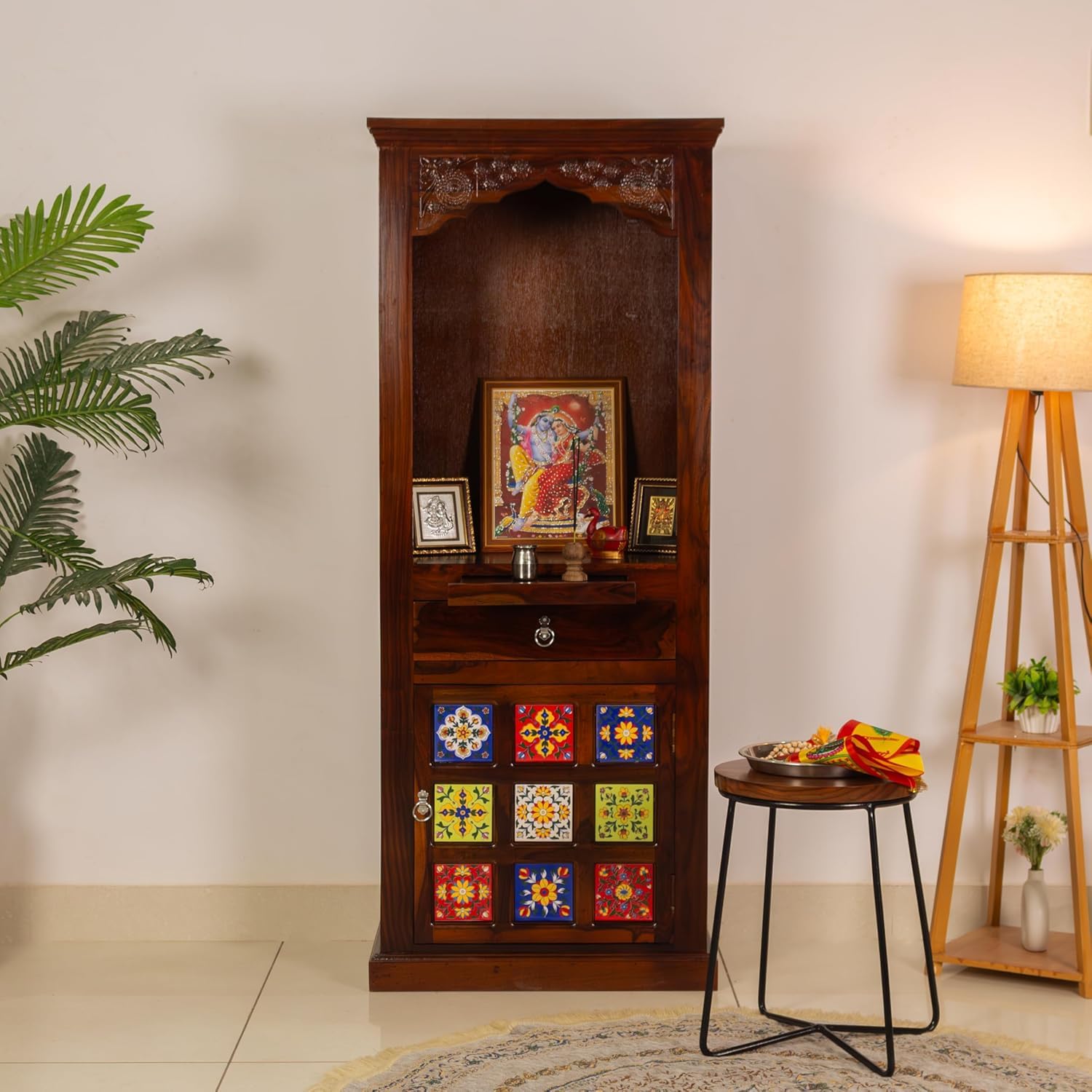 WOODMAZE Premium Sheesham Wood Temple Big Size 5 Feet with Door Storage Cabinet | Wooden Mandir for Pooja Room Home | Honey Finish 60x147cm