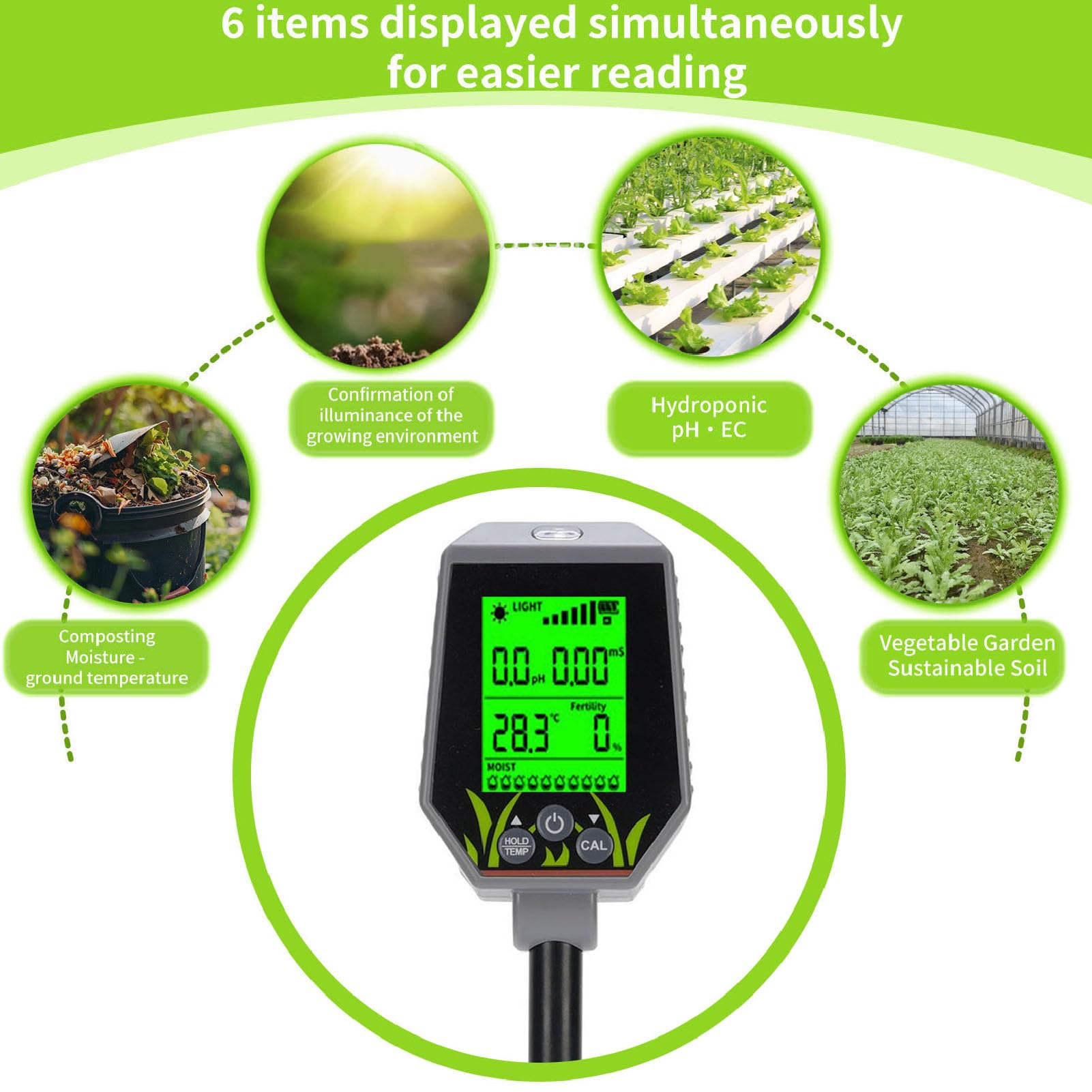 Jectse Medidor de Humedad del Suelo Probador de PH Digital, 6 en 1 Ph/Aire Humedad/Humedad/Temperatura/medidor de Ligereza, para Plantas de Agua de Jardín