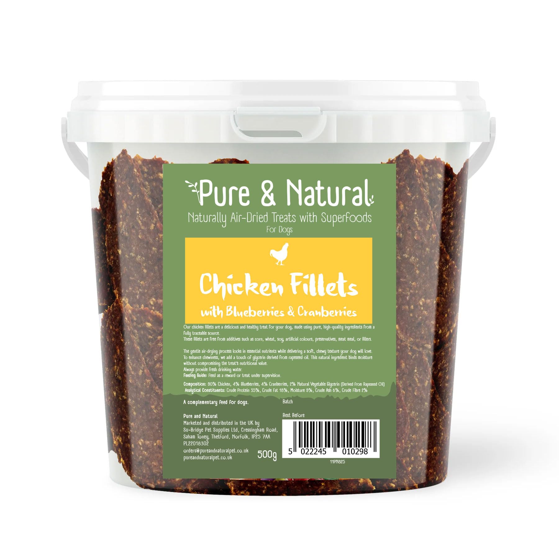 Pure & Natural Superfoods Air Dried Chicken Fillets Treats with Blueberries & Cranberries - Dog Treats UK for Skin and Coat - Tub 500g