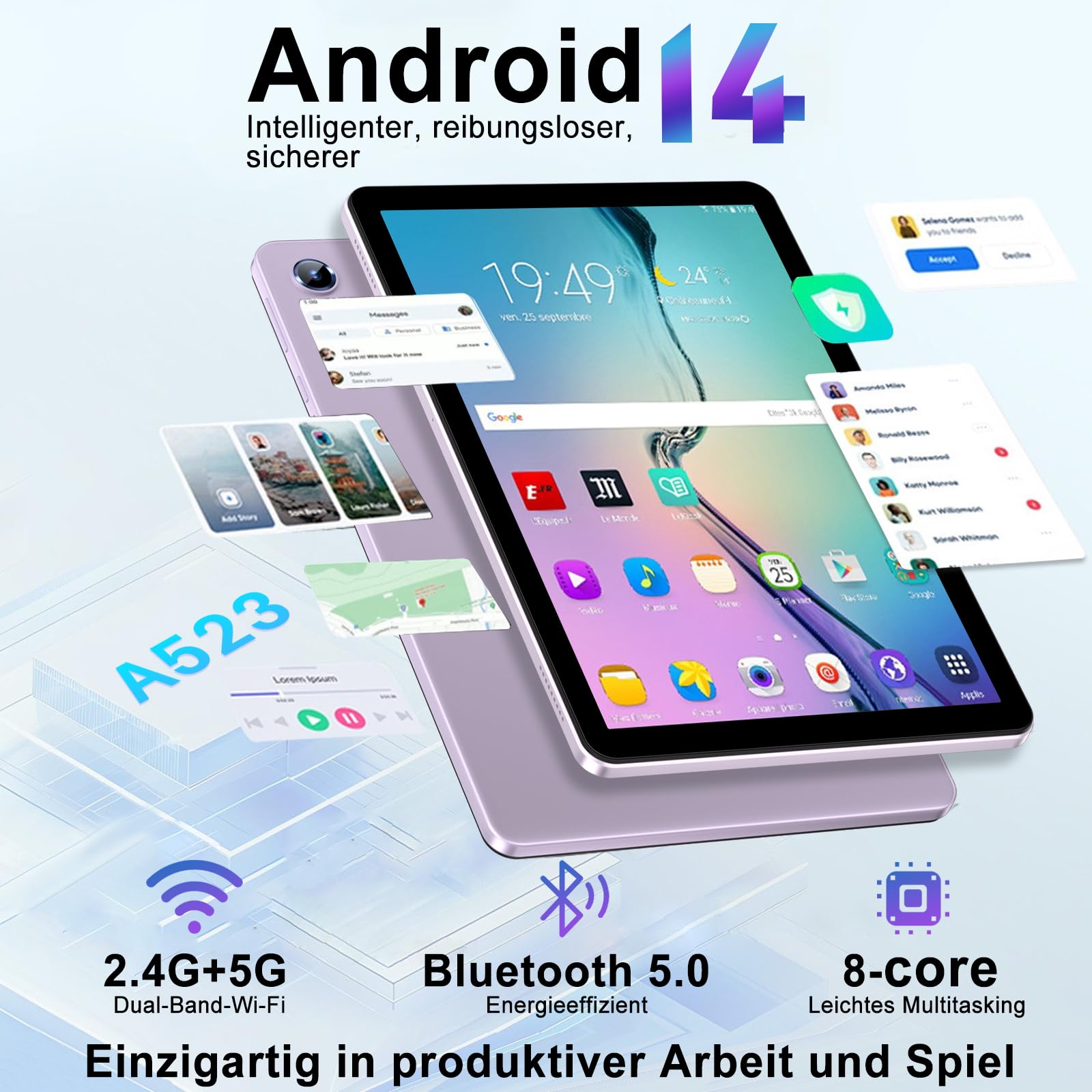 Fezawio Android 14 Tablet 10 Zoll 20GB RAM 128GB ROM, Octa-Core WiFi 6