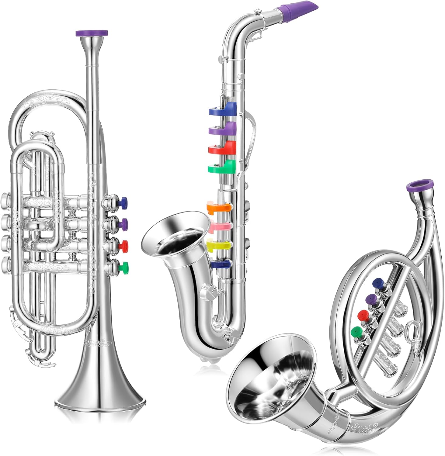 Treela Set of 3 Musical Instruments Saxophone Trumpet and Horn for Beginners 3 Wind and Brass Musical Instruments Combo with Colorful Keys Coded for Boys Girls (Silver)