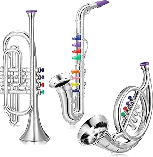 Treela Set of 3 Musical Instruments Saxophone Trumpet and Horn for Beginners 3 Wind and Brass Musical Instruments Combo with Colorful Keys Coded for Boys Girls (Silver)