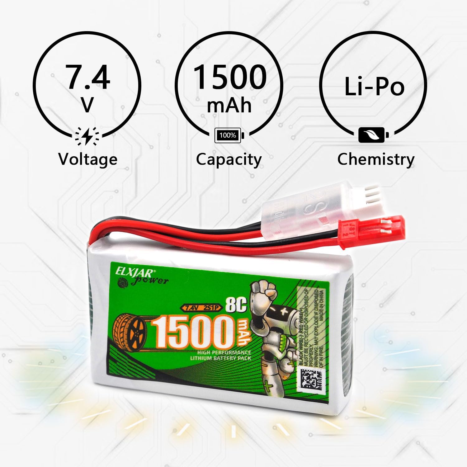Coonyard (2-Pack) 7.4V 1500mAh Li-Po Replacement Battery for Flysky FS-GT5 2.4G 6CH Transmitter RC Remote Controller, JST Connector, USB Charger
