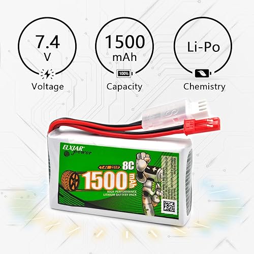 Miniatura 2 de Paquete de 2 baterías de repuesto Li-Po de 7.4V 1500mAh para Flysky FS-GT5 2.4G 6CH transmisor control remoto RC, con conector 2S, JST y cargador USB