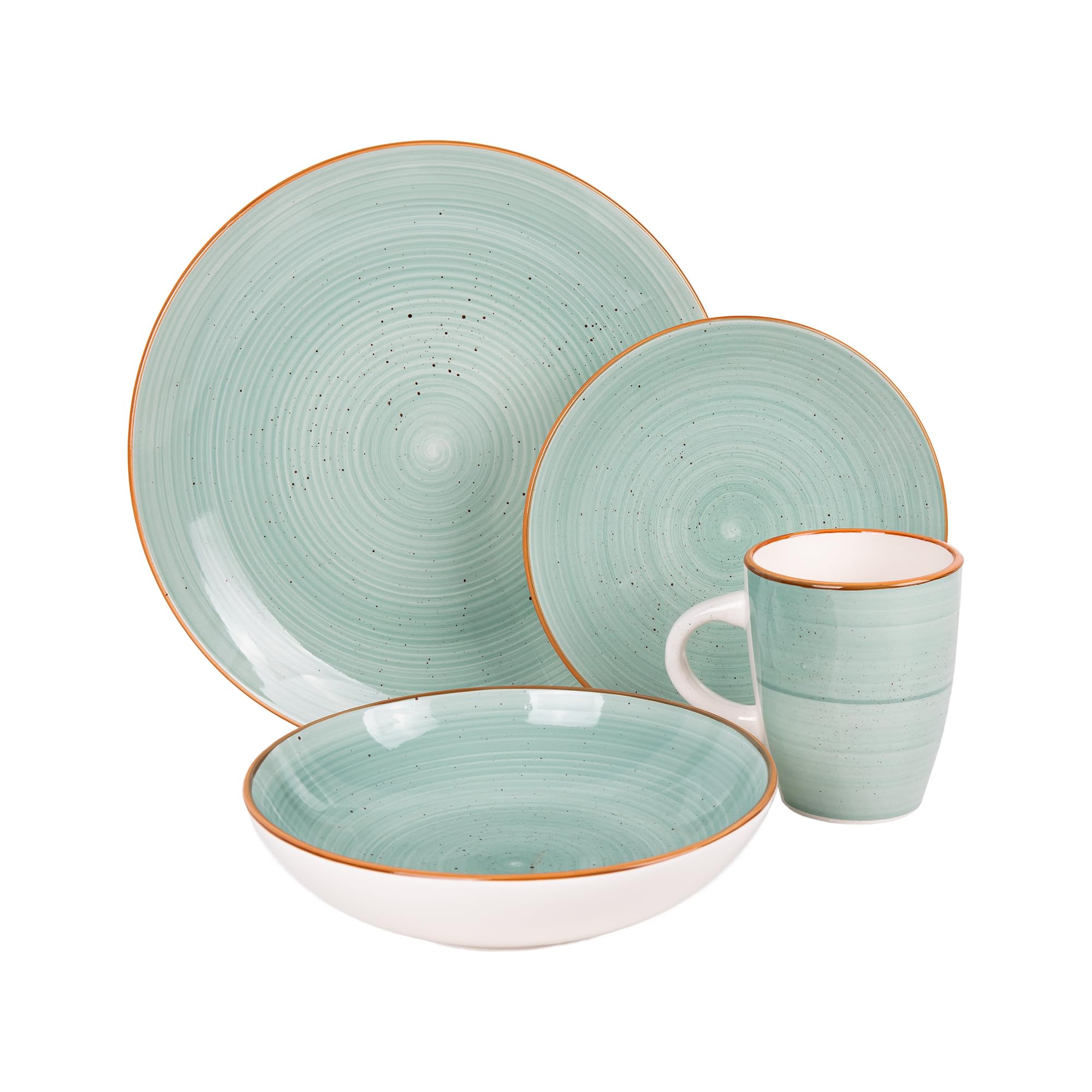 Cofan Vajilla de cerámica color verde agua pintada a mano | Set de 16 piezas | Apta para lavavajillas, microondas y horno