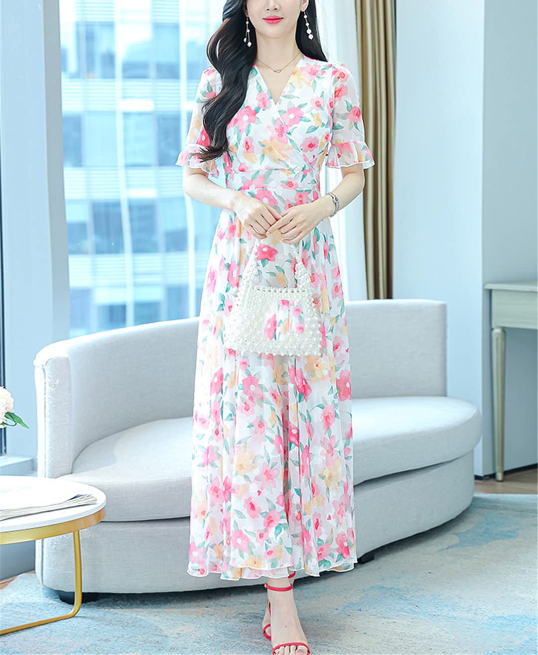 Abito lungo da donna, in chiffon, estivo, alla moda, floreale, casual, elegante, da sera